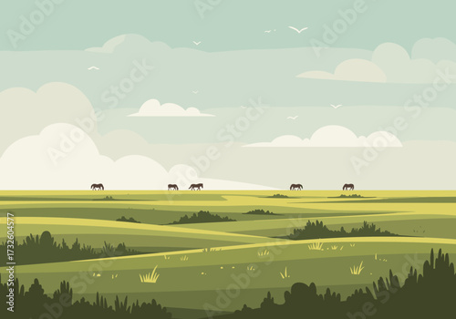 Horses grazing in a serene meadow landscape rural setting digital calm environment wide view