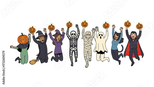 Halloween Costume Party: A spirited group of children, joyfully adorned in diverse Halloween costumes, leaps with vibrant pumpkin lanterns in a lively outdoor setting.