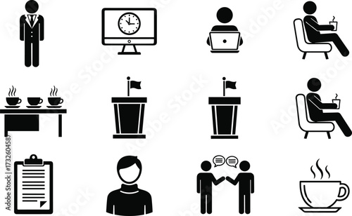 Silhouette icon set of office elements including people, laptops, coffee, podiums, meetings, and workplace tools for business design
