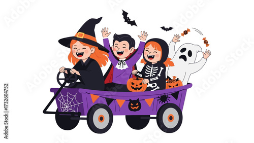 Happy Halloween Ride: A charming illustration of children in Halloween costumes happily riding in a decorated cart, the image full of playful joy and spooky fun, perfect for seasonal celebrations.
