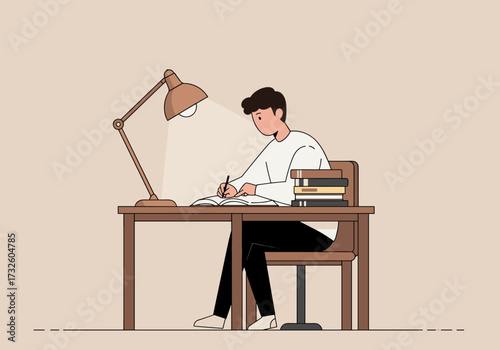 Studying young student writing at desk with books minimalist room calm environment side view focused learning