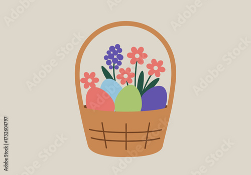 Easter celebration basket with colorful eggs and flowers spring season digital whimsical style view