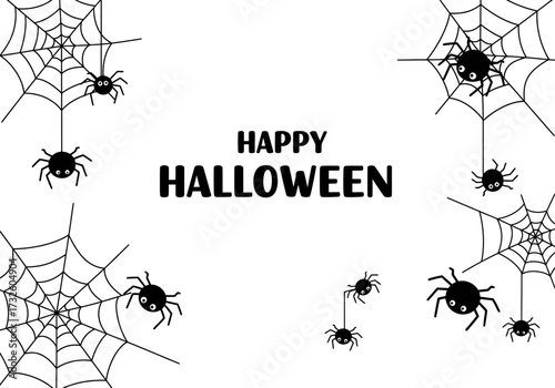 Happy Halloween Greeting with Cute Cartoon Spiders and Spiderwebs on White Background