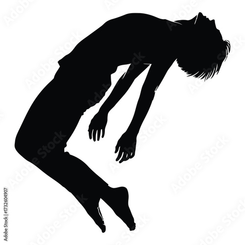 Silhouette of a person falling or dancing in a dramatic pose with arms dangling silhouette