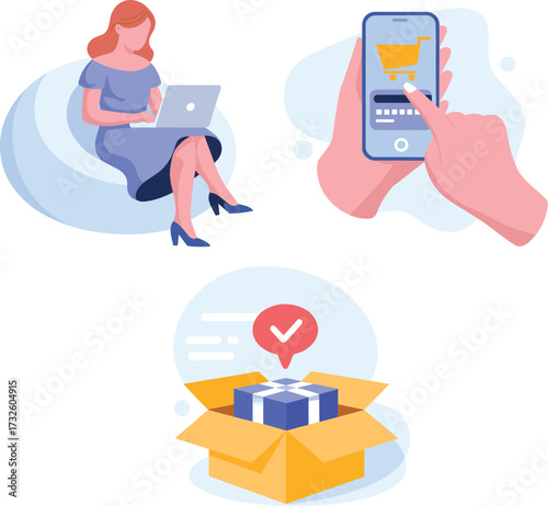 Woman shopping online with laptop, mobile e-commerce payment, digital purchase confirmation, delivery service, online shopping concept, package received illustration