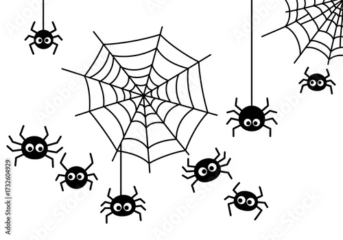 Cute Black Cartoon Spiders and Spiderwebs Illustration for Halloween. Simple Vector Design on White Background.