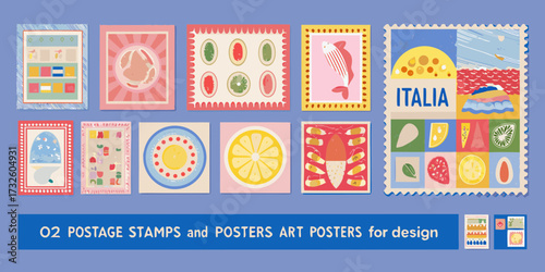 Collection of vibrant and whimsical postage stamps and art posters featuring italian motifs and abstract designs