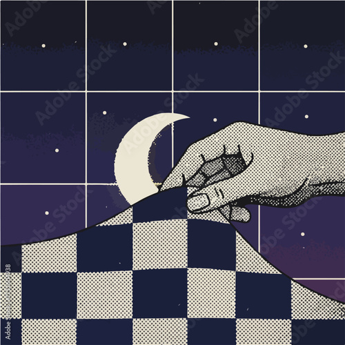Healthy Sleep Hygiene Rest Concept Vector Illustration. Hand Pulling Stylized Moon Blanket