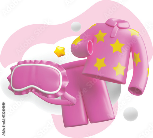Pink pajamas decorated with stars and blindfold vector 3D plastic style, women sleepwear in the sky with clouds