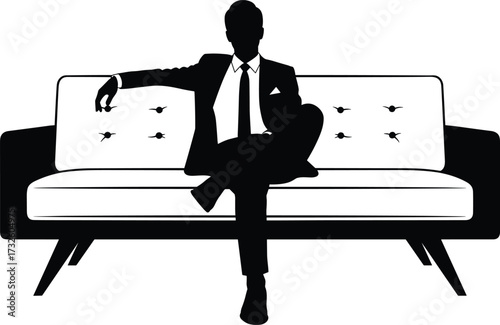 Silhouette of elegant man in suit sitting on mid-century couch, symbolizing style, composure, retro design, fashion, and sophistication
