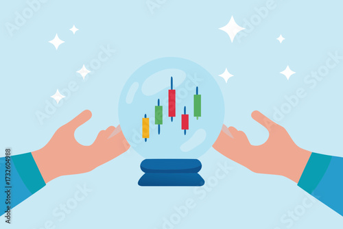 Hands holding a crystal ball with a stock market candlestick chart inside predicting future trends