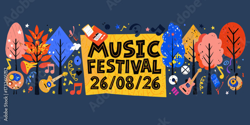 Vibrant music festival announcement with musical instruments and trees