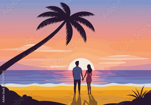 Romantic sunset stroll beach digital tropical paradise silhouette view love and connection