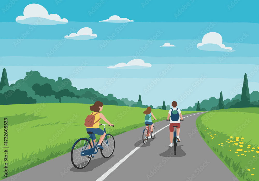 Fototapeta premium Cycling adventure in nature scenic road digital bright day outdoor activity relaxing environment