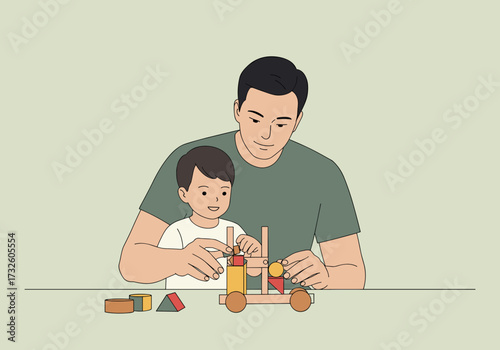 Creative playtime father and son building a toy car home digital indoor engaging learning