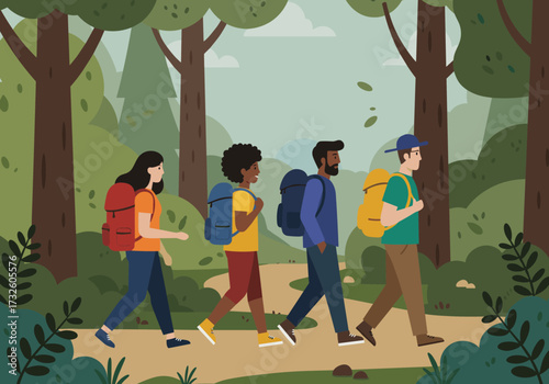 Group of friends hiking in nature outdoor adventure scenic forest path relaxed atmosphere