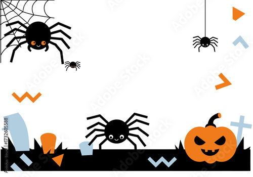 Cute Halloween Background Frame with Spiders, Jack-o'-Lantern, and Gravestones