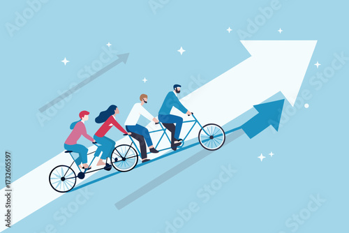 Diverse team cycling together on a tandem bicycle towards a large upward arrow symbolizing growth and success