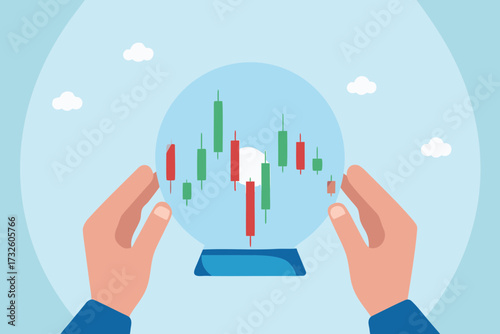 Hands holding a crystal ball showing a stock market candlestick chart with rising and falling prices