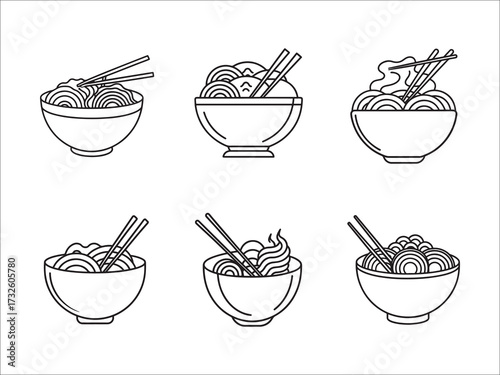 Collection of Noodle Bowl Illustrations with Chopsticks in a White Background