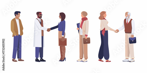 Diverse group of professionals shaking hands and standing together in a line