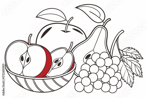 Line art illustration of apples and various harvest fruits in a simple style