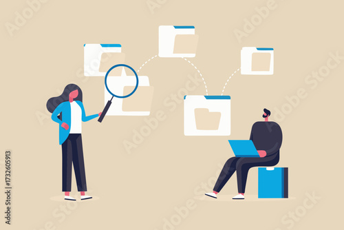 Team collaborating on digital file organization and data analysis using technology and search tools