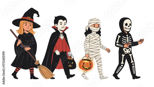 Halloween Parade: A captivating illustration of a Halloween parade featuring children in their favorite costumes. They are ready to celebrate the spookiest time of the year!