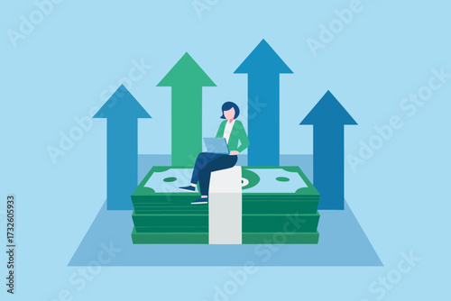 Woman working on laptop sitting on stack of money with upward trending arrows in background symbolizing financial growth
