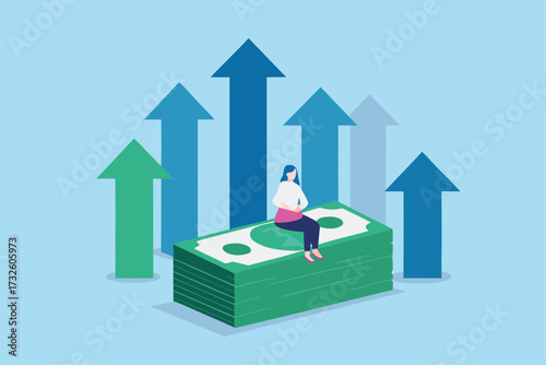 Woman sitting on stack of money with upward trending arrows symbolizing financial growth and success
