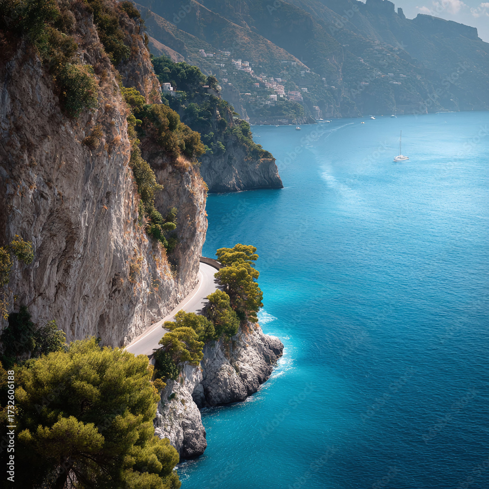 Fototapeta premium Scenic coastal road winding along a dramatic cliffside. Turquoise water, lush vegetation, and a sense of freedom. Ideal for travel, adventure, and summer themes.