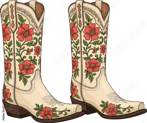 Cream cowboy boots with floral embroidery, western fashion footwear illustration, decorative red flowers and green leaves design, stylish country accessory art