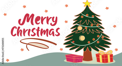 Merry Christmas Greeting Card with Decorated Tree and Gift Boxes