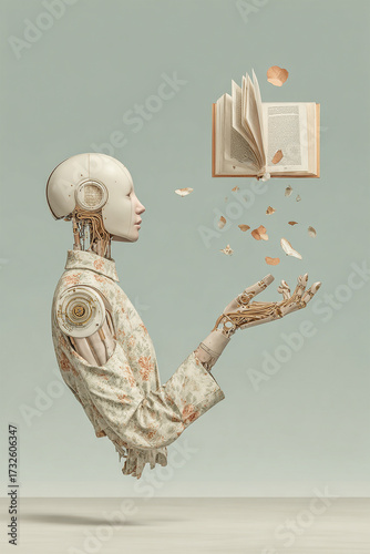Robot receiving knowledge from flying book