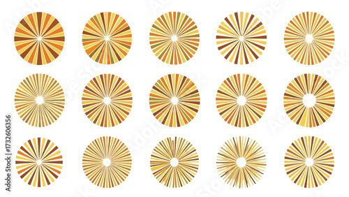A collection of fifteen circular sunburst patterns in warm, retro-inspired shades of yellow, orange, and brown.