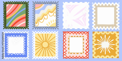Collection of eight colorful and decorative postage stamp designs with playful borders on a light blue background
