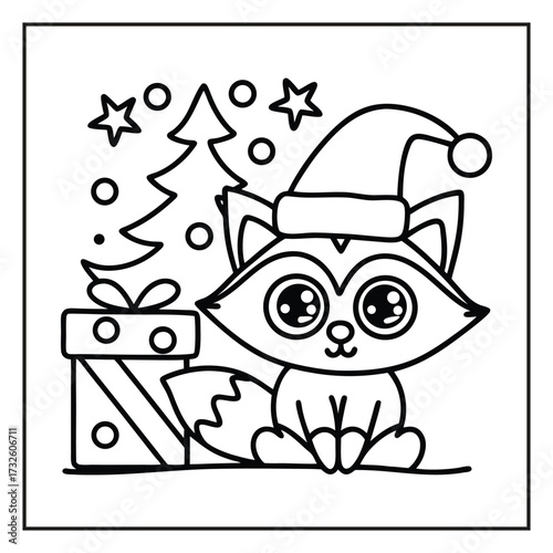 Christmas coloring page with festive holiday elements, Holiday season coloring page with Santa, gifts, and snowflakes, Black and white Christmas illustration with winter decorations