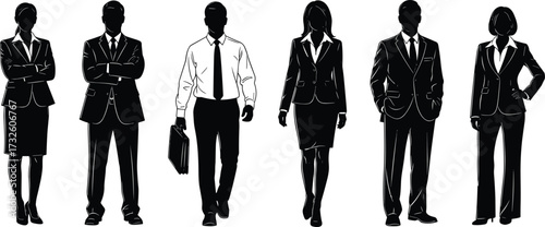 Silhouettes of business professionals in formal attire, symbolizing workplace diversity, corporate style, leadership, teamwork, professionalism, and office culture