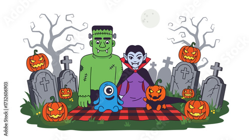 Halloween Gathering: A whimsical gathering of Halloween characters on a festive picnic, a celebration of spooky fun for the whole family. 