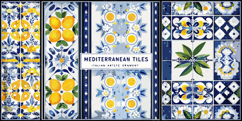 Collection of decorative mediterranean tiles featuring lemons floral patterns and italian artistic ornament designs