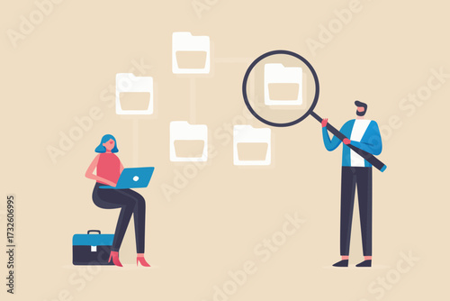 Business people analyzing and searching through digital file folders and data organization with laptop and magnifying glass