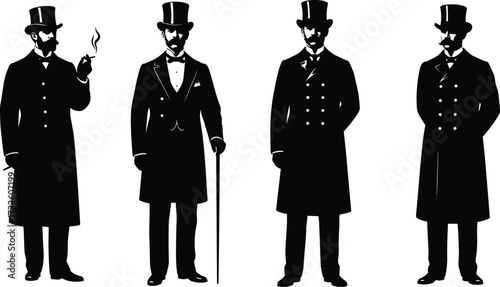 Silhouettes of Victorian men in formal attire with top hats, showcasing historical fashion, elegance, vintage style, and cultural representation