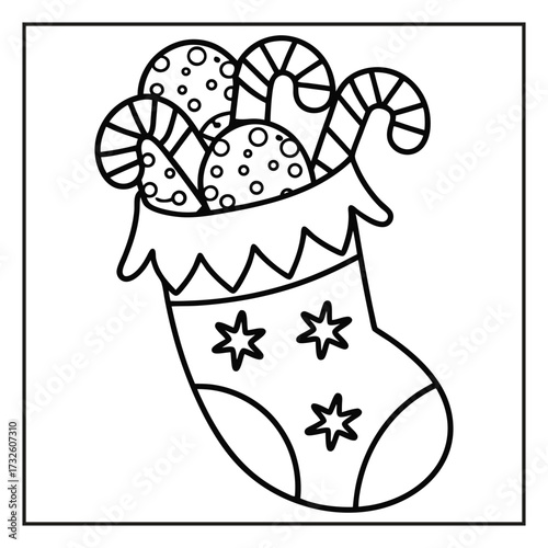 Christmas coloring page with festive holiday elements, Holiday season coloring page with Santa, gifts, and snowflakes, Black and white Christmas illustration with winter decorations