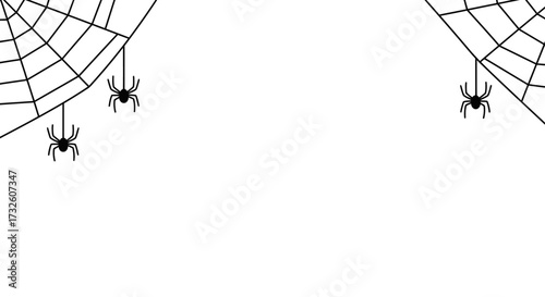 Halloween Spider Web Corner Border with Spiders on White Background, Copy Space