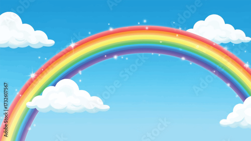 A whimsical illustration of a vibrant, sparkling rainbow arching across a bright blue sky with fluffy white clouds.