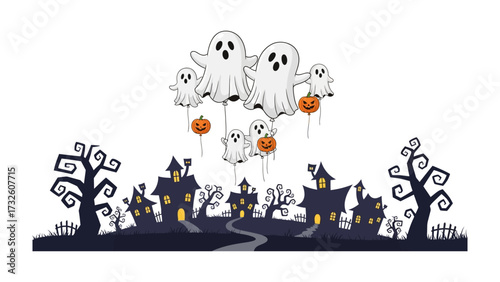 Spooky Halloween Celebration: Eerie Halloween scene with cartoon ghosts floating above stylized haunted houses and trees. This illustration perfectly captures the essence of the spooky holiday.