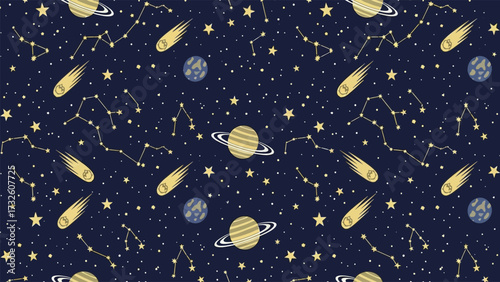 A whimsical seamless space pattern featuring constellations, planets like Saturn, and comets on a dark blue background.