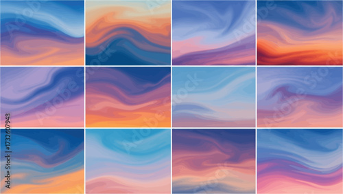 A vibrant grid of twelve abstract painted skies, showcasing beautiful gradients of blue, orange, and purple.