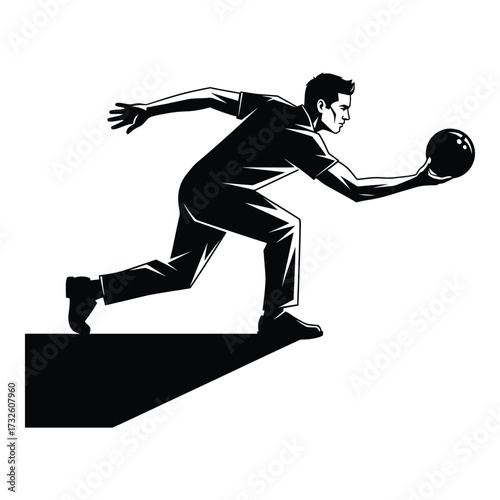 Dynamic silhouette of a bowler in mid-action holding a bowling ball ready to throw silhouette