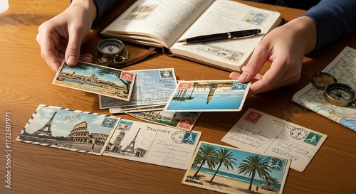 Nostalgic Travel: Hands Holding Vintage Postcards with Eiffel Tower, Colosseum, and Tropical Beach Scenes
